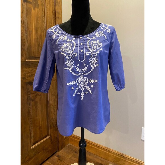 GAP Periwinkle 3/4 Sleeve Embroidery Boho Peasant Blouse Womens Size Medium Top - Picture 12 of 12
